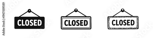 Closed Sign Icons Set - Hanging Door Signs in Flat, Line, and Hand-Drawn Styles