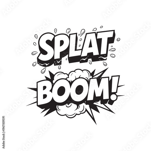 Comic Style Onomatopoeia Splat And Boom Text Art With Explosive Graphic Elements.