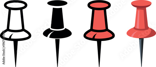 Push pin icon set featuring simple minimalist design for notice boards, maps, reminders, and important information in vector illustration