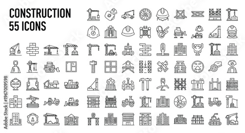 Collection of fifty five black and white construction icons and symbols