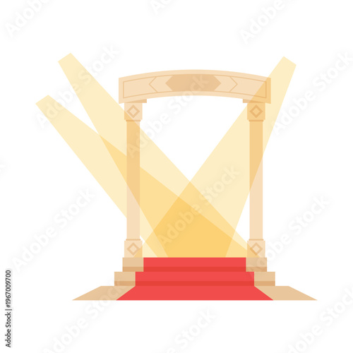 Elegant premiere stage with red carpet, spotlights, and archway on white isolated background vector illustration