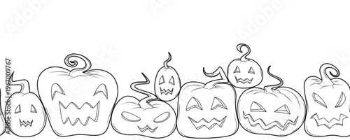 Row of spooky isolated pumpkins with carved faces perfect for Halloween coloring vector illustration