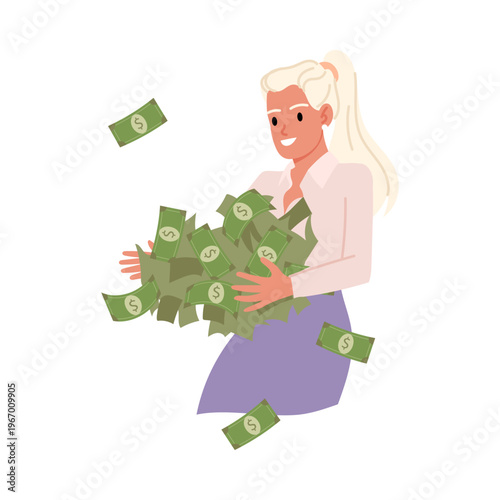 Smiling woman with blonde hair holding a large pile of cash, symbolizing wealth, financial success, and prosperity, isolated on white background vector illustration