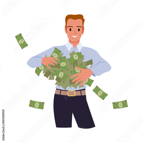 Smiling man in business attire holding a large pile of cash, representing wealth, success, and financial abundance, isolated on white background vector illustration