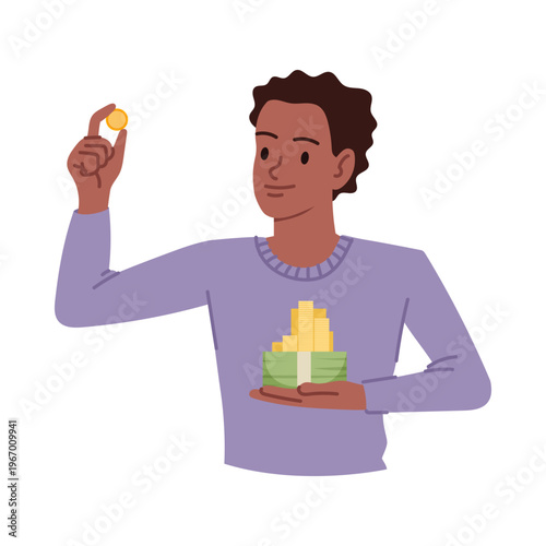 Young man with dark skin holding cash and gold coin isolated on white background vector illustration