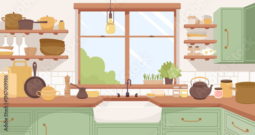 Charming rustic kitchen with green cabinets, wooden shelves, cookware, and plants by a large window, creating a warm and inviting home atmosphere vector illustration