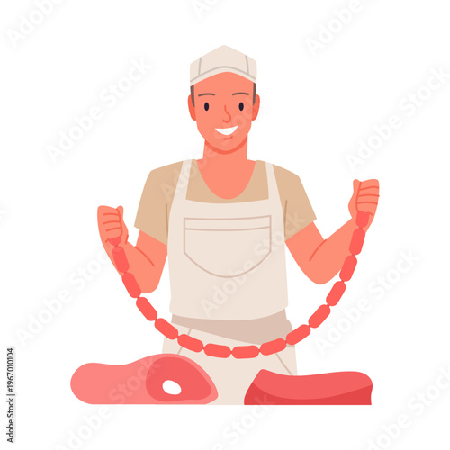 Smiling butcher in apron holding sausage links with fresh meat cuts on counter, ideal for food, market, or culinary themes, isolated on white background vector illustration