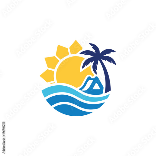 Tropical beach resort logo vector, summer vacation sun and palm tree icon, ocean wave and bungalow villa symbol for travel agency branding