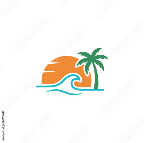 Tropical beach sunset logo vector, minimalist palm tree and ocean wave icon, summer vacation travel branding element on white background