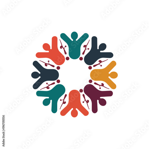 Abstract community logo with colorful people figures in a circle, diverse human silhouettes forming a round unity symbol, multicultural teamwork vector