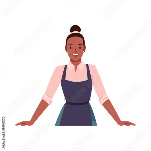 Confident female shop assistant wearing apron stands behind counter, smiling and ready to help customers, isolated on white background vector illustration