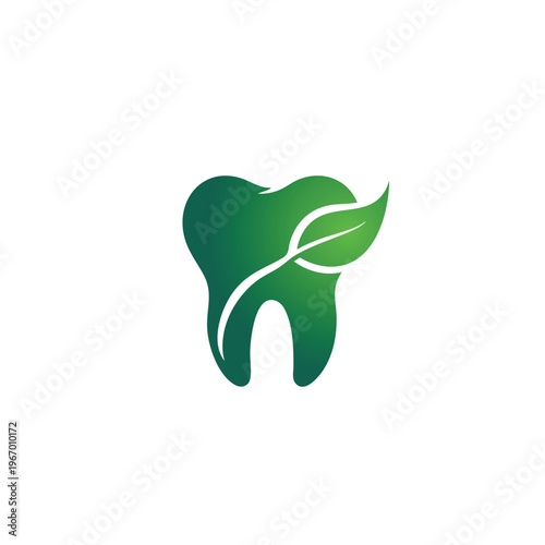 Natural dental care logo with green tooth and leaf, organic dentistry icon vector, holistic oral health symbol for eco-friendly clinic branding
