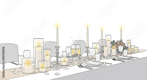 Elegant Dining Table Setting with Romantic Candlelight and Floral Arrangement