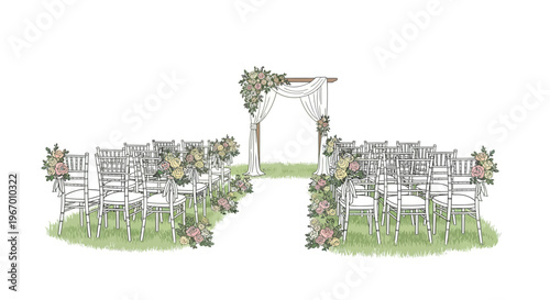 Outdoor Wedding Ceremony Setup with Floral Decorations and White Chairs