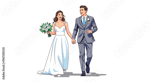 Happy Bride and Groom Holding Hands, Walking Together on Wedding Day