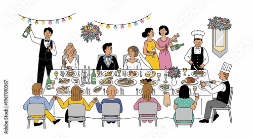 Wedding Reception Celebration Dinner Party with Guests, Bride, Groom, and Staff