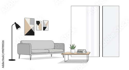 Modern living room with geometric art, sofa, coffee table and floor lamp
