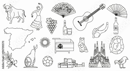Collection of iconic Spanish symbols including a bull, dancer, fans, guitar, map, and landmarks