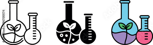 Science lab beaker with plant growth icon set representing biotechnology, agricultural research, and scientific experimentation in vector illustration