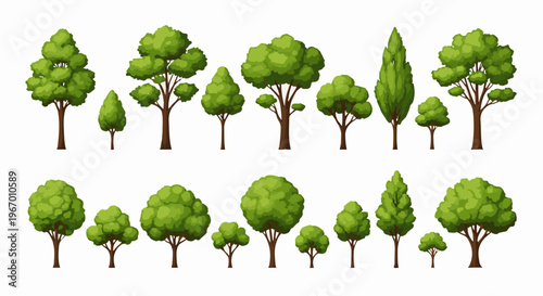 Collection of various green pixel art trees on a white background