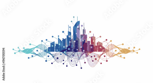 Colorful abstract cityscape with connecting nodes and lines