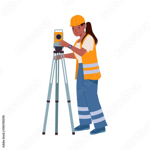 Woman surveyor in safety vest and helmet operating total station for land measurement, construction, and engineering projects, isolated on white background vector illustration