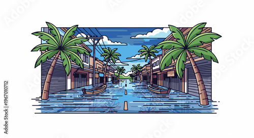 Flooded tropical street with palm trees and boats under blue sky