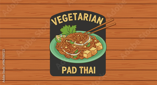 Flavorful vegetarian pad thai noodles with tofu, lime, and greens on a plate