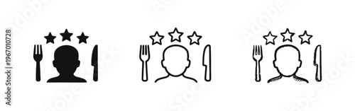 Restaurant Reviewer Icon Set with Human Bust, Cutlery, and Three Stars - Food Critic Symbol