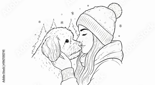 Gentle winter scene of a girl kissing a fluffy dog amidst snow