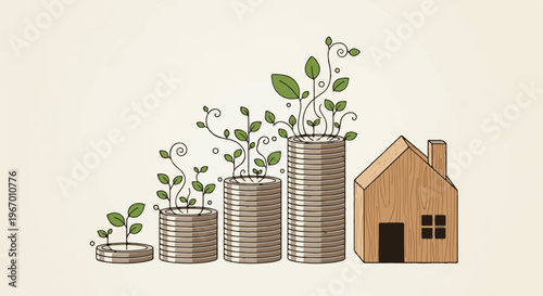 Growing coins and a house, representing financial growth and investment