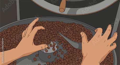 Hands sifting through a large pile of roasted coffee beans in a machine