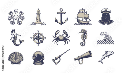 Ocean engraving icon collection with maritime objects and marine life vector.