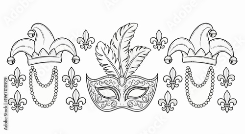Mardi Gras border jesters hats, masks, beads, and fleur-de-lis