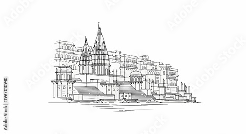 Ornate ancient architecture rises from stepped riverbanks, with ornate spires piercing the sky