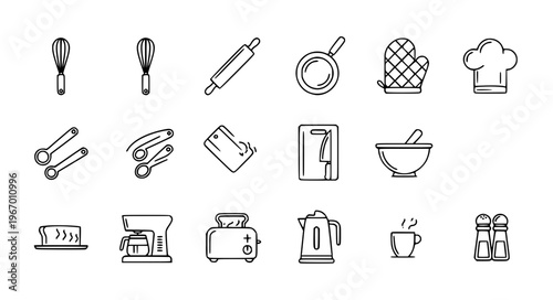 Minimal kitchen utensil line vector icon set EPS10 isolated on white