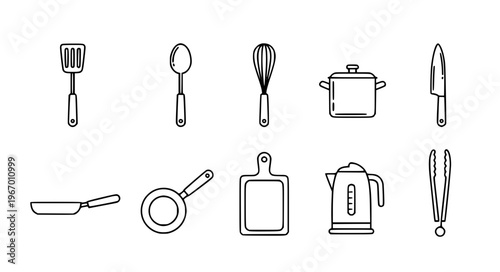 Kitchen utensils line icon set cooking tools vector EPS10 isolated on white