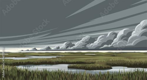 Stormy sky looms over a marshy landscape with water channels
