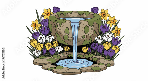 Stone fountain with cascading water surrounded by colorful spring flowers