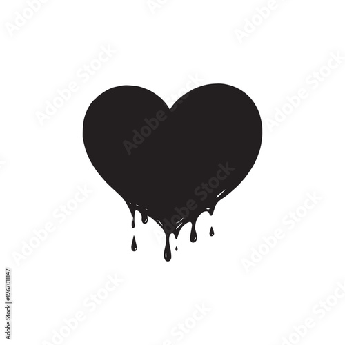 Hand-Drawn Black Heart Shape Featuring Dramatic And Artistic Liquid Paint Drips.