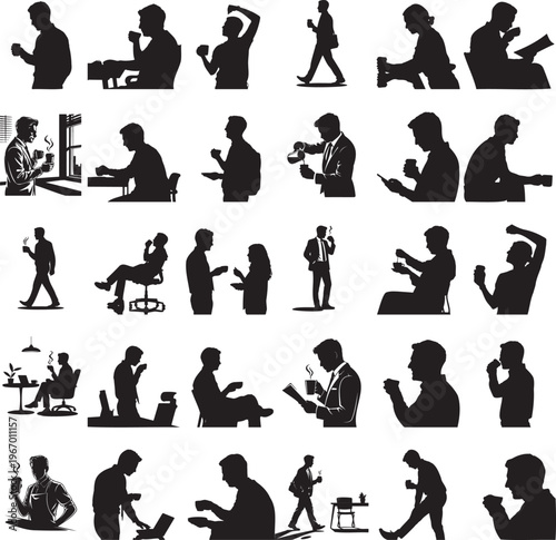 Office employee pouring coffee silhouette design set