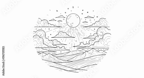 Stylized line art depicts a moonlit sky over rolling mountains and fields