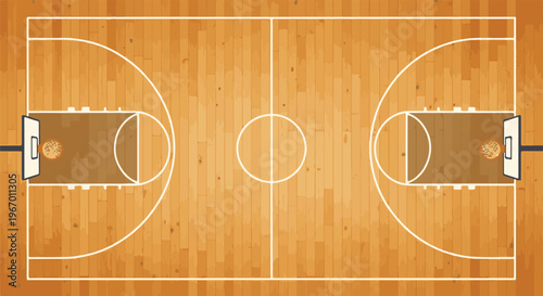 Top-down view of a wooden basketball court with hoops and balls