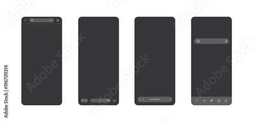 Mobile browser interface set in dark mode with different search line and browser icons. Generic phone screen window, black page bar with smartphone frame icon.