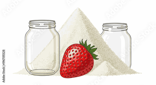 Two empty jars flank a pile of sugar with a single strawberry in front
