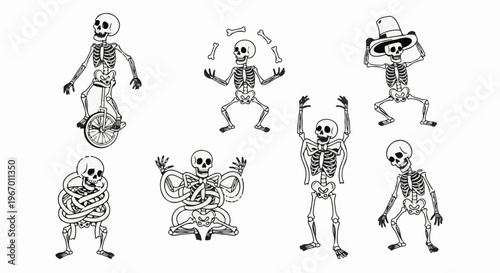 Various whimsical skeleton characters engaged in playful and acrobatic activities