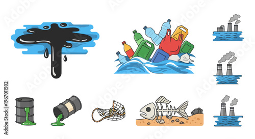 Environmental Pollution Icons: Oil Spill, Plastic Waste, Factory Emissions, Toxic Barrels, Fish Skeleton