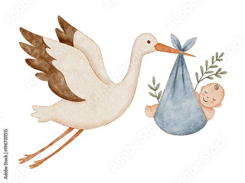 Cute watercolor stork baby delivery. Newborn boy blue swaddle birth. Shower arrival announcement art.