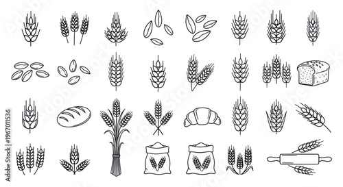 Hand-drawn Wheat Icons: Grains, Bread, Croissant, Bakery Set