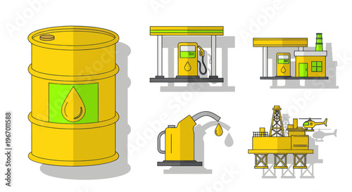 Oil Industry Icons: Barrel, Gas Station, Pump, Platform, Helicopter